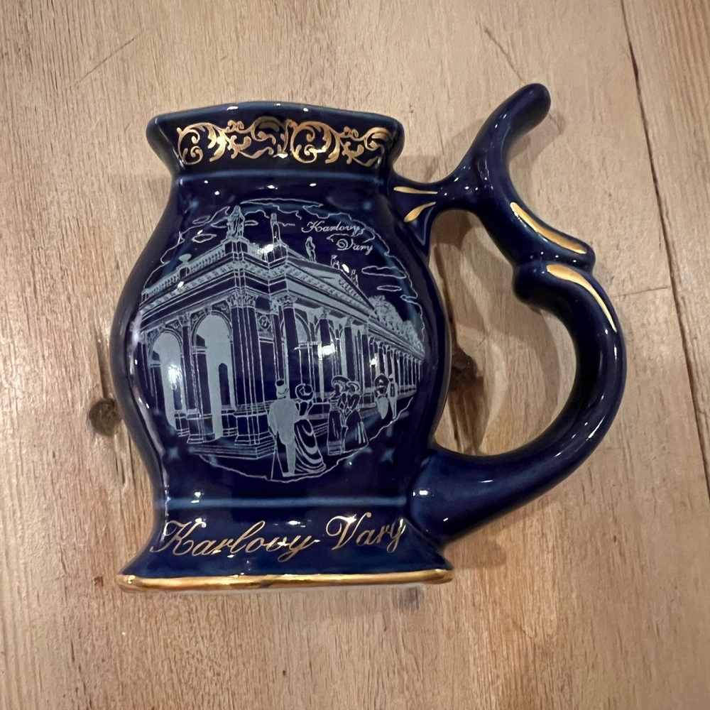 Vintage Karlovy Vary Spa Cup Sipper Cobalt Blue Gold Victoria Czech Republic